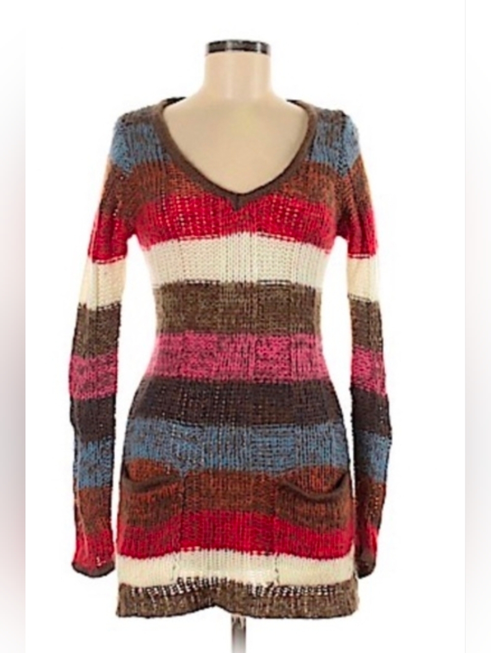 Womens Stripe Sweater Tunic L VNeck Pockets Long Ashley by 26 International F42